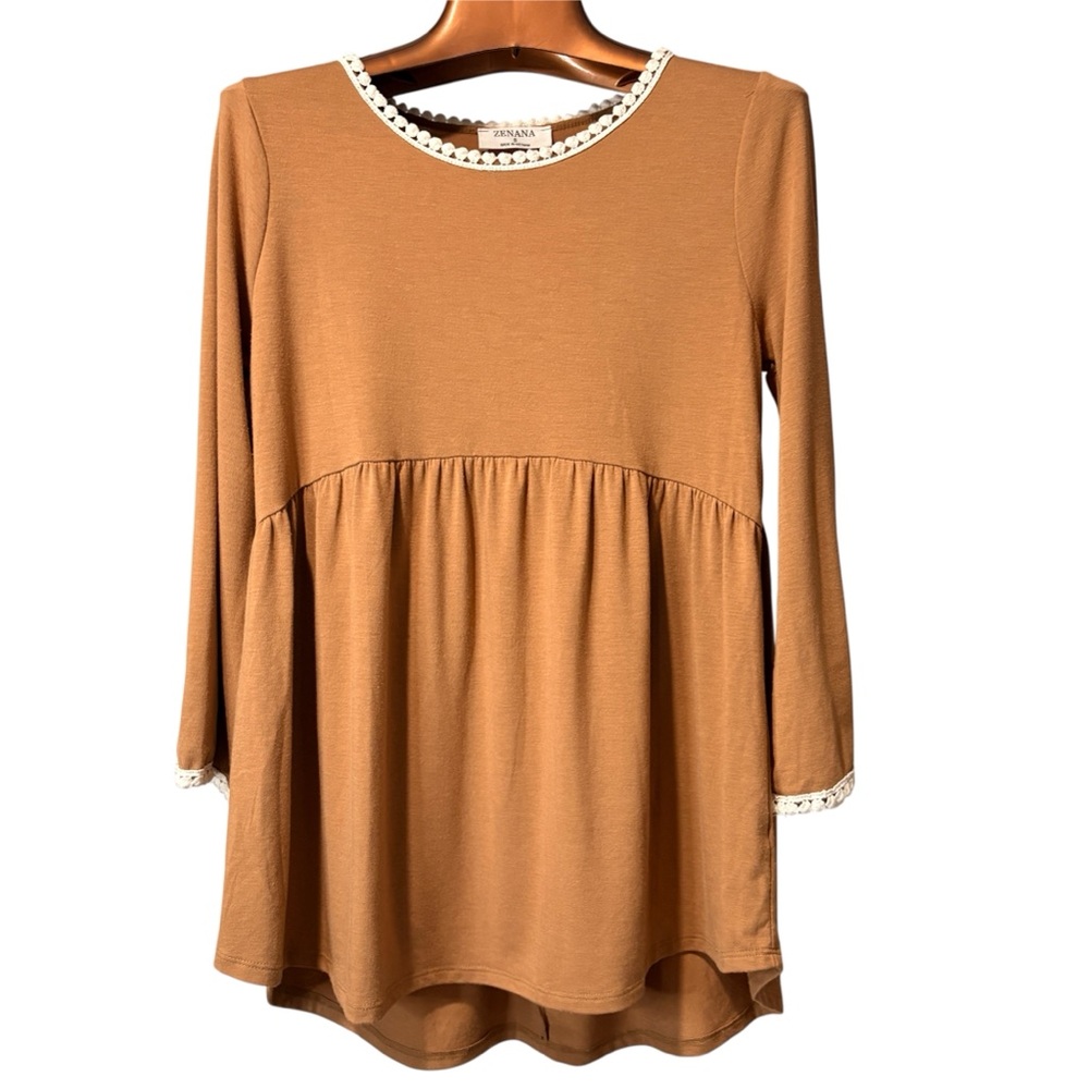 ZENANA 3/4 Sleeve Lace Trim Top in Mocha
